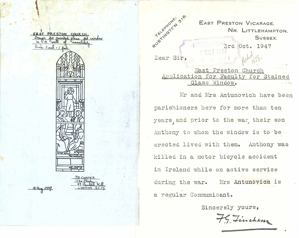 Two pieces of paper, one with a black ink design of a stained glass window depicting a religious scene. The accompanying letter explains that Mr and Mrs Antunovich had been parishioners for over ten years at East Preston, and their son was killed on active duty