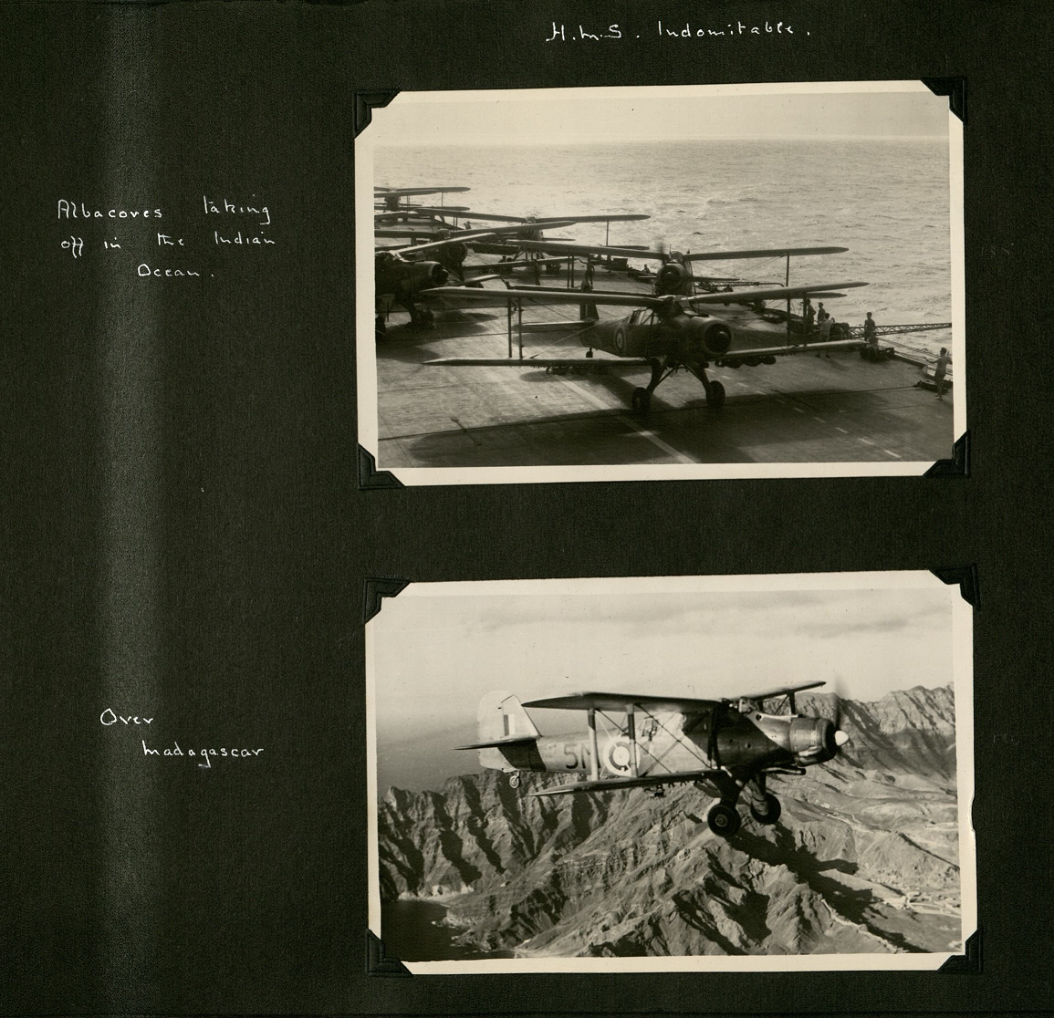 Two black and white photos, one of a line of planes on an aircraft carrier, the second over mountainous terrain.