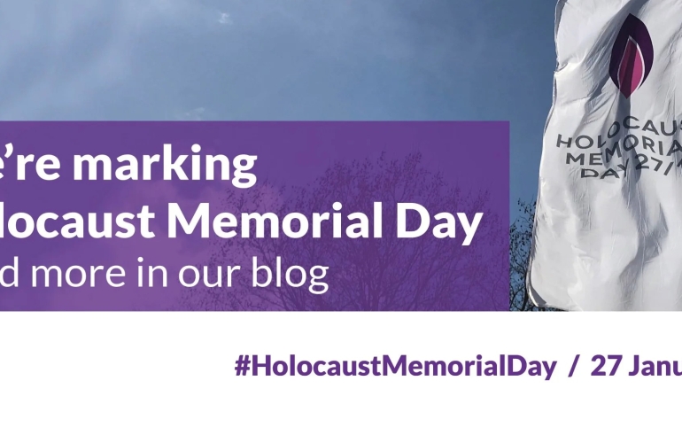 Banner featuring a flag with the Holocaust Memorial Day logo and the text: We're marking Holocaust Memorial Day. Read more in our blog. #HolocaustMemorialDay / 27 January