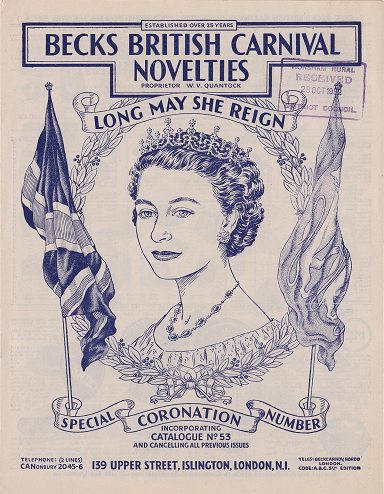 Font cover of Becks British Carnival Novelties. Featuring in blue ink a drawing of a young Queen Elizabeth wearing a tiara with the Union Jack and Royal Banner framing the image