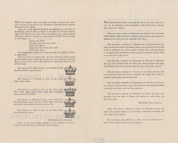 Open two pages detailing the different types of coronets and robes to be worn at the coronation